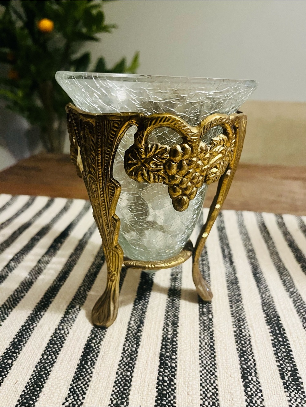 Vintage Crackle glass candle holder solid brass stand Art deco w grapes accents